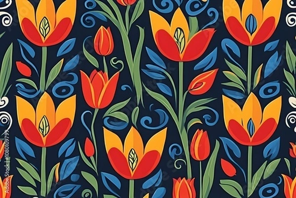 Fototapeta Seamless folk art floral pattern with stylized daisies tulips and swirls in bold primary colors, Ai Generated