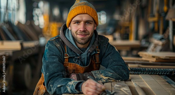 Fototapeta Carpenter working in a woodshop daily. A skilled carpenter smiles confidently while working in a busy woodshop, surrounded by wood and tools.