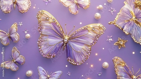 Fototapeta A stunning display of shimmering butterflies in shades of amethyst purple and gold, set against a gradient background that shifts from royal purple to soft lavender. 