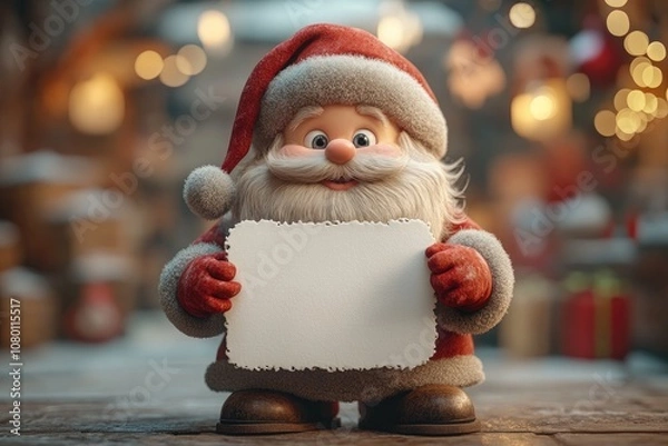 Fototapeta Santa Claus is holding a blank poster in his hands with space for text or inscription, advertising, announcement. Christmas card design template with Santa Claus. New Year and Christmas banner.