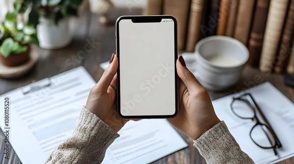 Fototapeta Mockup of a Smartphone Held by Hands in Office