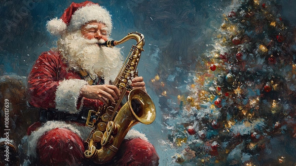 Fototapeta A painting of Santa Claus playing the saxophone, with a Christmas tree in the background