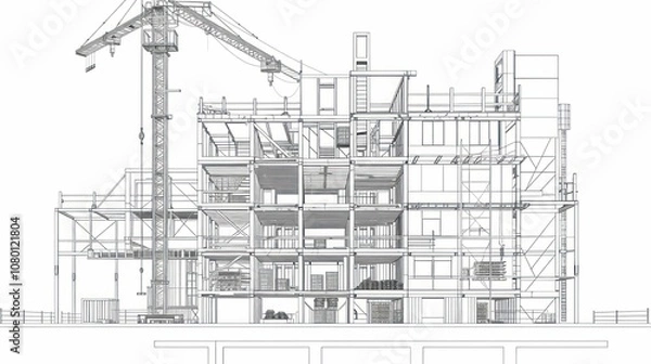 Obraz Architectural cross-section of a building under construction, showcasing structural elements and crane.