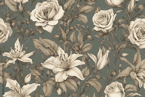 Fototapeta Vintage botanical floral pattern with hand sketched roses lilies and foliage in muted green, Ai Generated