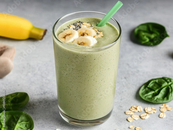Fototapeta Healthy green smoothie with banana, spinach, and oats, perfect for nutritious boost. Enjoy this refreshing drink packed with vitamins and energy!