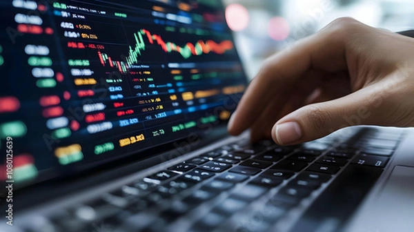 Fototapeta Laptop Screen Displaying Stock Market Data - Photo