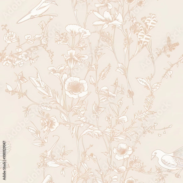 Fototapeta Shallow Beige Wallpaper with Delicate Floral & Bird Patterns, Highlighting Nature's Harmony in Simplicity