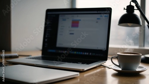 Obraz Laptop and coffee cup on a wooden desk, creating a Monday morning workspace atmosphere, copy space