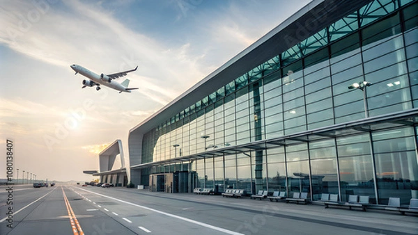 Fototapeta Modern airport terminal with an airplane taking off in the background