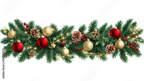 Fototapeta A Festive Christmas Wreath Adorned with Red & Gold Balls, Pinecones, Berries, and Lights, Set Against a Clean White Background
