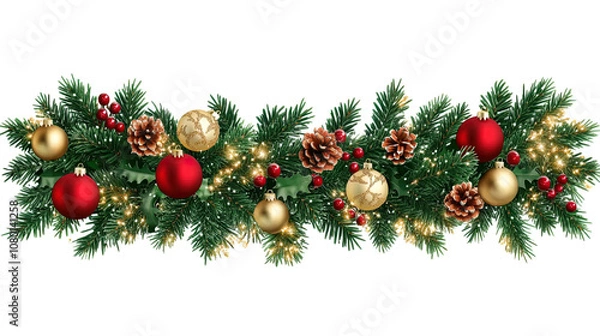Fototapeta A Festive Christmas Wreath Adorned with Red & Gold Balls, Pinecones, Berries, and Lights, Set Against a Clean White Background