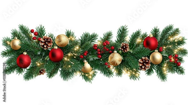 Fototapeta A Festive Christmas Wreath Adorned with Red & Gold Balls, Pinecones, Berries, and Lights, Set Against a Clean White Background