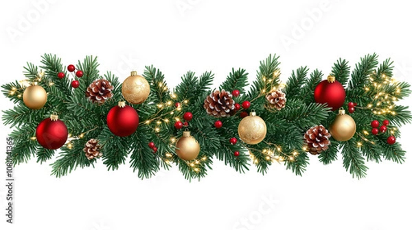 Fototapeta A Festive Christmas Wreath Adorned with Red & Gold Balls, Pinecones, Berries, and Lights, Set Against a Clean White Background