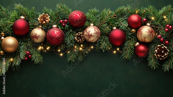 Fototapeta A Festive Christmas Wreath Adorned with Red & Gold Balls, Pinecones, Berries, and Lights, Set Against a Clean White Background