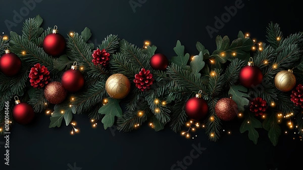 Fototapeta A Festive Christmas Wreath Adorned with Red & Gold Balls, Pinecones, Berries, and Lights, Set Against a Clean White Background