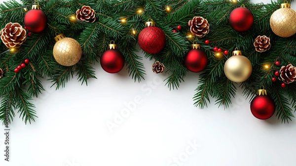 Fototapeta A Festive Christmas Wreath Adorned with Red & Gold Balls, Pinecones, Berries, and Lights, Set Against a Clean White Background