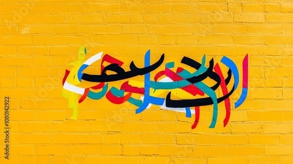 Fototapeta Vibrant Arabic Graffiti on Bright Yellow Wall