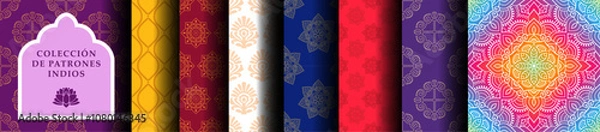 Fototapeta Colección de patrones sin costuras de la India. Gráficos vectoriales en estilo hindi. Conjunto estético de mandalas y yoga del sur de Asia.