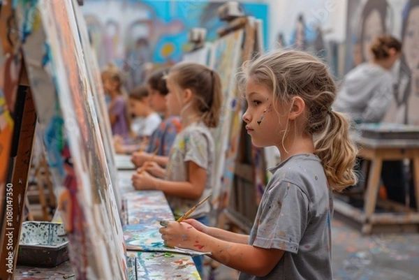 Fototapeta Children engage in creative activities at easels in an art studio during a vibrant art session