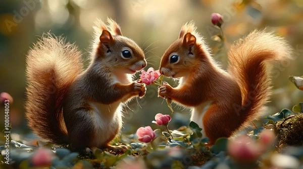 Fototapeta Two Squirrels Sharing a Flower - Realistic Image