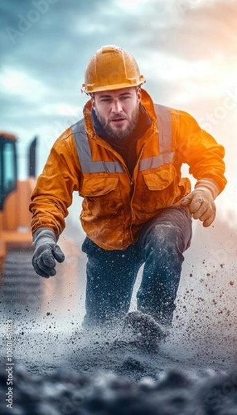 Fototapeta A construction worker in safety gear, working diligently on a job site while dust and debris surround him.