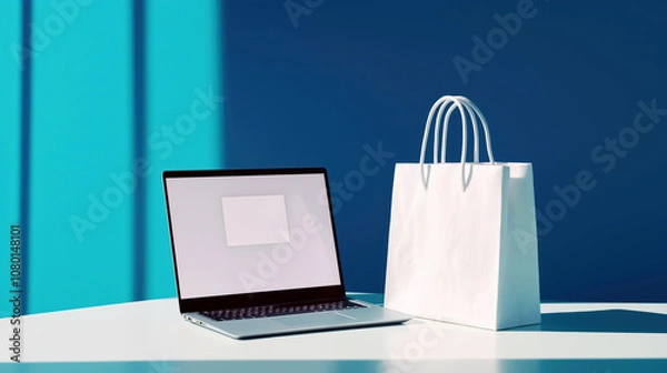 Fototapeta A modern laptop sits beside a shopping bag on a stylish surface, with a vibrant blue background,