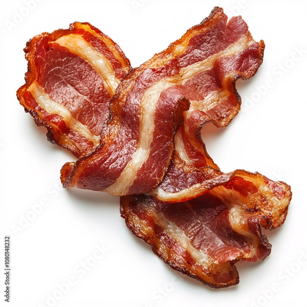Fototapeta Crispy, cooked bacon strips arranged atop one another, showcasing their rich color and texture on a plain background.