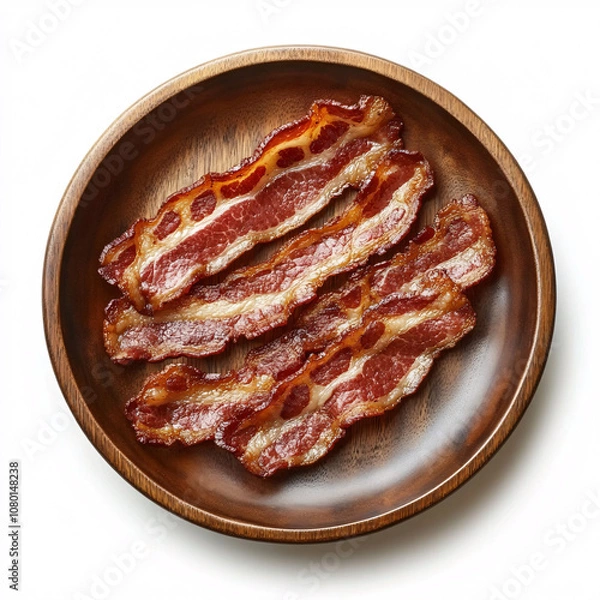Obraz Crispy bacon strips arranged neatly in a round wooden bowl, showcasing a delicious, savory breakfast option.