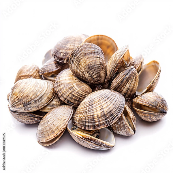 Obraz A pile of fresh clams with ridged shells, showcasing their natural, earthy tones. Ideal for seafood dishes or culinary presentations.