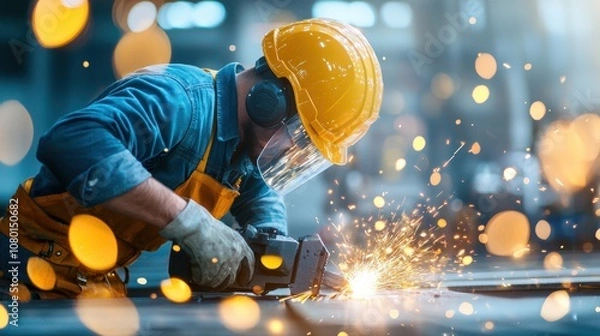 Obraz A focused worker in a safety helmet uses a power tool to cut metal, surrounded by sparks in an industrial setting.