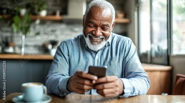 Fototapeta Happy Senior Man Smiling While Looking at His Smartphone