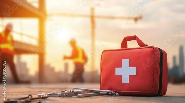 Fototapeta A red first aid kit on a construction site, symbolizing safety and preparedness in the workplace with workers visible in the background.