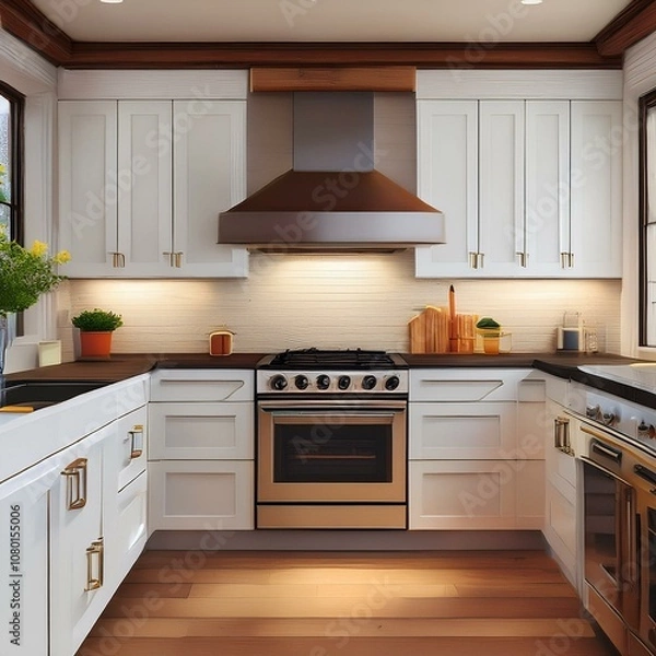 Fototapeta front facing realistic built in kitchen. photo of a kitchen with a hood, hob and oven where you an see the full appliances. white kithen