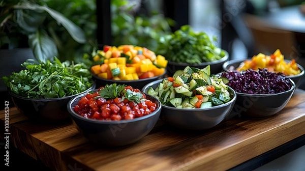 Fototapeta Colorful Salad Bowls on Wooden Table - Realistic Image