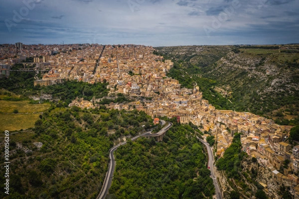 Fototapeta Aerial panoramic view of Ragusa, a UNESCO heritage town on Italian island of Sicily. June 2023