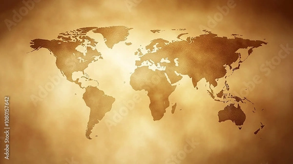 Fototapeta A world map with a vintage feel, outlined in a dark silhouette on a warm brown background with smoky texture.