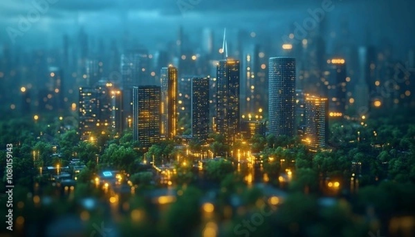 Fototapeta Smart Energy Grids and Sustainable Power, cityscape powered by a smart grid network, where solar panels, wind turbines,