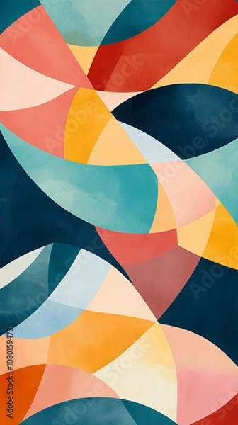 Fototapeta A modern abstract wallpaper featuring colorful geometric shapes in overlapping patterns, with vibrant blues, reds, and yellows against a soft gradient background, perfect for a artistic vibe