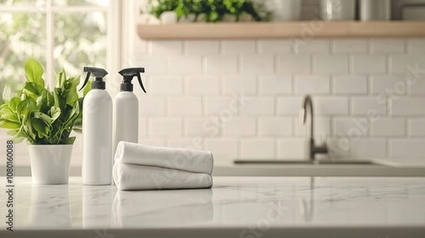 Fototapeta Sanitizing wipes and spray bottles on a clean countertop