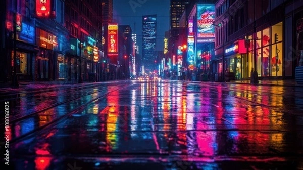 Fototapeta A deserted city street at night, illuminated by colorful neon signs reflecting in the wet pavement after a rain shower.