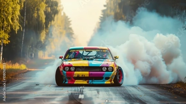 Fototapeta Photograph the car in a dark, misty environment with smoke swirling around, adding a sense of mystery and drama.