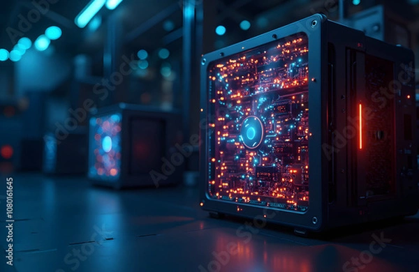 Fototapeta Quantum computing, a futuristic quantum computer with glowing qubits, a dark, sleek lab environment