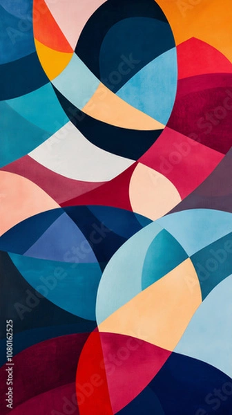 Fototapeta A modern abstract wallpaper featuring colorful geometric shapes in overlapping patterns, with vibrant blues, reds, and yellows against a soft gradient background, perfect for a artistic vibe