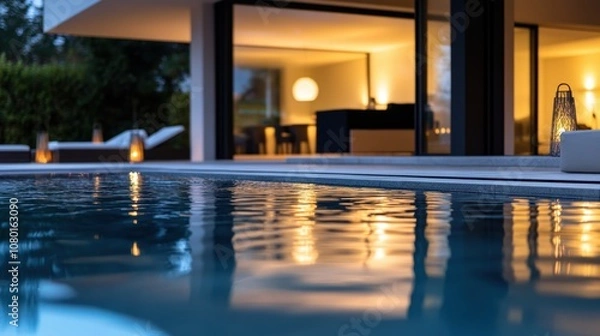 Fototapeta Tranquil Evening Poolside Scene with Reflections and Modern Architecture Under Soft Lighting at a Luxury Home, Perfect for Relaxation and Leisure