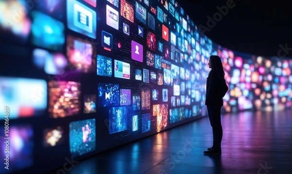 Fototapeta Backview of a young looking at animated stream of online interfaces with social media, fintechservices, e-commerce shopping, internet influencers and video streaming. Visualization of data usage.