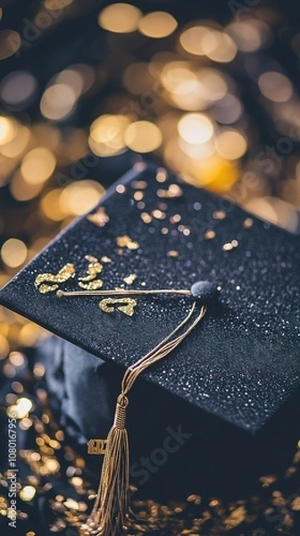 Fototapeta Abstract Marketing Background for Graduation Season: Featuring a Close-Up of a 2025 Graduation Cap Surrounded by Colorful Golden Confetti, Capturing the Festive Atmosphere of Graduation Celebrations a