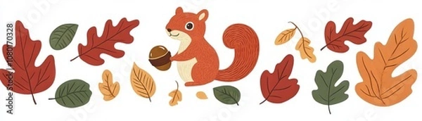 Fototapeta Squirrel with autumn leaves, white isolate background
