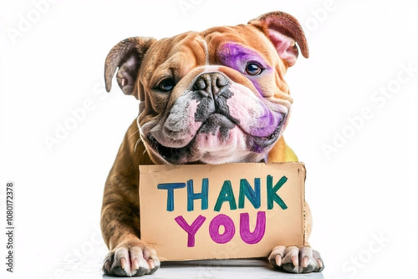 Fototapeta a playful bulldog with colorful markings holding a thank you sign in its mouth against a white background expressing gratitude  
