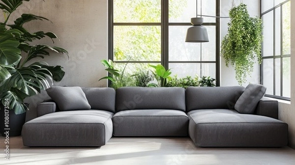 Fototapeta A large sectional sofa is in a room with a window and a potted plant