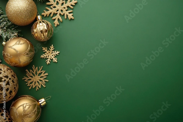 Obraz Golden Christmas ornaments and snowflakes on green background create festive atmosphere. Perfect for holiday decorations and seasonal celebrations